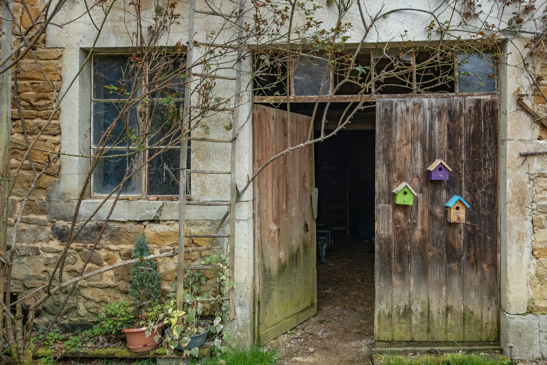 An old, weathered building with an open door.